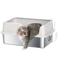 PawHut Bandeja de Arena para Gatos, bandeja de arena en acero inoxidable con bordes altos pala fácil limpieza 60x40x28 cm Gris claro(m-6)
