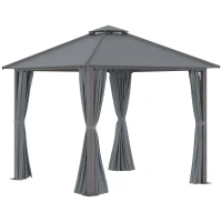 Outsunny Gazebo para jardín con terraza con 4 paredes laterales techo doble protección solar 3x3 m Gris(m-1)