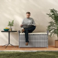 Outsunny Banco baúl de almacenamiento exterior en resina trenzada 250L con cojín extraíble, para jardín, balcón, blanco(m-5)