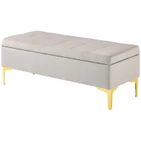 HOMCOM Banqueta banco almacenamiento 2 en 1 asiento acolchado aspecto terciopelo patas metal 120x44x44,5 cm Gris y dorado(m-7)