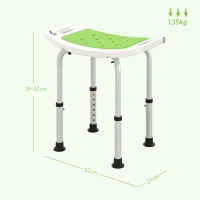 HOMCOM Asiento de Ducha Ajustable en Altura Taburete de Ducha Ergonómico Pies antideslizantes Carga Máx, 135 kg aluminio HDPE Verde(m-3)
