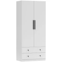 HOMCOM Armario de Dormitorio, 2 Puertas, Área de Colgar, Barra de Colgar, 2 Cajones, Tablero de Partículas, Blanco(m-6)