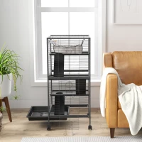 PawHut Cage pour Cochons d'Inde et Chinchillas en Acier avec 3 Niveaux, Roues et Plateau Amovible, Gris(m-5)