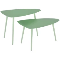 Outsunny Juego de 2 mesas bajas de jardín, mesas auxiliares nido triangulares, estructura de acero con patas ajustables Verde claro(m-6)