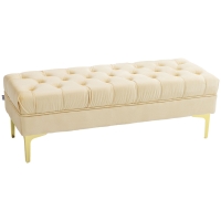 HOMCOM Banqueta capitoné de pie de cama estilo clásico 118x45x42 cm estructura de metal dorado terciopelo Beige