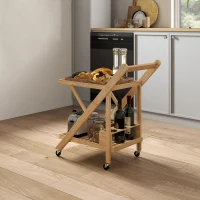 HOMCOM Carrito de cocina de bambú carrito de servicio plegable 2 bandejas 4 ruedas 3 compartimentos para vino 66x40x70 cm madera(m-2)