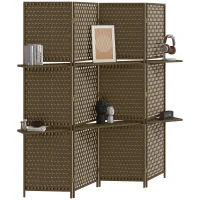 HOMCOM Biombo interior separador de ambientes 4 paneles 2 estantes madera de pino trenzada fibras de papel 181x180 cm Marrón(m-7)