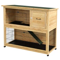 PawHut Conejera de madera 2 niveles con 3 puertas, bandeja deslizante, rampa y techo asfáltico, 120x50x102 cm, Amarillo(m-7)