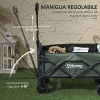 Outsunny Carrello da Giardino da 72L Pieghevole con Pannello Apribile, in Acciaio e Poliestere, 114x46x65-92 cm, Verde(m-8)
