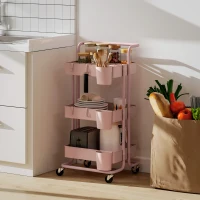 HOMCOM Carrinho de Cozinha Carrinho de Armazenamento com 4 Ganchos 3 Cestas Removíveis 3 Caixas Suspensas 42x38x86,5 cm Rosa(m-2)