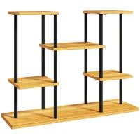 Outsunny Suport plante interior etajeră plantă cu 6 nivele cadru din oțel bază lemn masiv 80 x 24 x 61,5 cm lemn natural(m-6)