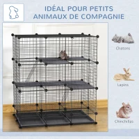 PawHut Cușcă parc rozătoare modulară dim. L 111 x l 75 x H 119 cm 3 nivele 4 uși sârmă metalică negru(m-3)