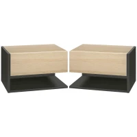 HOMCOM Set de 2 Noptiere suspendate - Set de 2 Noptiere - sertar Culisant, etajera, Bicolore Aspect stejar Negru(m-1)