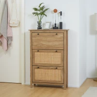 HOMCOM Dulap pentru pantofi raft pantofi dulap 3 uși rabatabile efect cannage răchită - în lemn lemn natural(m-2)