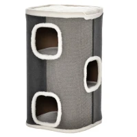 PawHut Catedrală pentru zgâriere de 74 cm înălțime cu trei nivele cu pernă, margine plușată, peșteră pentru pisici, catedrală zgârieră pentru pisici mici, Gri+ Alb(m-1)