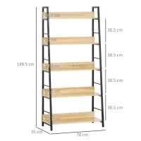 HOMCOM Bibliotecă bibliotecă de stil industrial înclinat 5 Niveluri 70L x 35l x 150H cm Culoare lemn stejar deschis Negru(m-3)