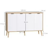 HOMCOM Bufet de depozitare scăzut mobilier cu 2 dulapuri 4 uși model de șevalet rafturi reglabile 120 x 35 x 77,4 cm alb(m-3)