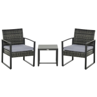 Set de mobilier de grădină Outsunny din ratan pentru 2 persoane, Set de mobilier de balcon din poliratan, Set de mobilier de balcon cu pernuțe, Grădină Gri
