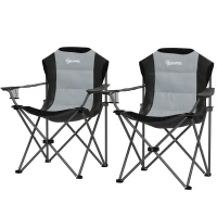 Outsunny Lot de 2 scaune pliante camping rembursate cu spătar înalt cu suport pentru pahar, greutate 120 kg, gri închis(m-5)