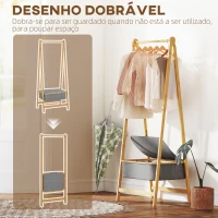 HOMCOM Suporte para Cabides de Bambu com Cesto de Tecido e Dobrável 60x44,5x157,5 cm Madeira Cinzento(m-7)