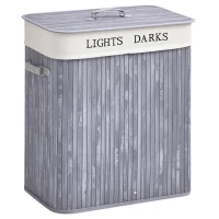 HOMCOM Coș de rufe din bambus cu capac 100 L Colector de rufe cu mânere din PU, sac de rufe din pânză de vela, Coșuri de rufe pentru bucătărie dormitor baie Gri(m-1)