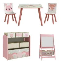 Table et 2 chaises pour enfants + tableau chevalet double-face + meuble à jouets de rangement à 6 boîtes, rose(m-11)