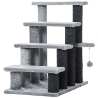 PawHut Scara pentru pisici cu 4 trepte Haustiertreppe cu coloane pentru zgâriere Minge Scara pentru câini Scara pentru animalele de companie pentru pisici de până la 5 kg Pluș Iută Gri 60 x 40 x 64 cm(m-1)