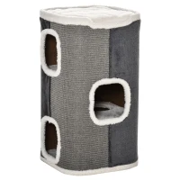 PawHut Catedrală pentru zgâriere de 74 cm înălțime cu trei nivele cu pernă, margine plușată, peșteră pentru pisici, catedrală zgârieră pentru pisici mici, Gri+ Alb(m-5)