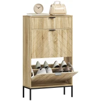 HOMCOM Mobilier de pantofi 8 perechi cu sertar glisant, 2 sertare rabatabile, rafturi reglabile, 60x24x105,5cm, stejar(m-1)