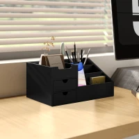 HOMCOM Cutie de Depozitare de Birou - Organizator de Birou - 7 Compartimente, 2 sertare - Bambus Lacuit Negru(m-2)