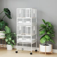 PawHut Colivie pentru păsări cu 2 nivele, hrănitoare, purtători, roți și etajeră inferioară, 48 x 46 x 134,5 cm, alb.(m-5)