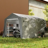 Outsunny Cort de Depozitare Exterior 3 x 4,5 m, tente de depozitare impermeabilă și anti-UV, ușă înrolabilă, ferestre, gri(m-2)