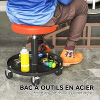 HOMCOM Taburet de atelier cu 5 roți pivotante 360°, înălțime reglabilă 38-50 cm, cu tavă, 38 x 38 x 38-50 cm, portocaliu(m-4)