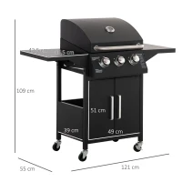 Outsunny Gril cu gaz, Gril BBQ cu 3 arzătoare fiecare cu 2,9 kw, 4 roți, Negru(m-3)