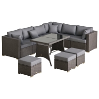 Outsunny Set de Mobilier de Gradina cu 10 Piese in Ratan, cu Perne pentru Scaun si Spatar, Cadru Metalic, Gri Inchis