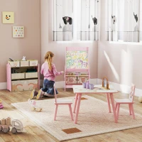 Table et 2 chaises pour enfants + tableau chevalet double-face + meuble à jouets de rangement à 6 boîtes, rose(m-2)