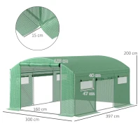 Outsunny Serre Tunnel 4x3x2 m avec 6 Fenêtres 3 Portes à Enroulement Couverture de PE et Structure en Acier Galvanisé Vert(m-3)