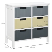 HOMCOM Comodă de Lemn cu 6 Sertare, Coadă Auxiliară de Depozitare cu Picioare Ridicate, Stil Modern pentru Dormitor Sufragerie Baie 62x28x58 cm Multicolor(m-3)