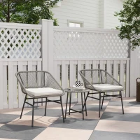 Outsunny Set de mobilier de exterior cu 3 piese, 1 masă, 2 scaune, Împletitură de ratan, Cadru din oțel, Masă de cafea cu blat de sticlă, Gri închis(m-2)