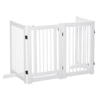 Grilă pentru câini PawHut cu picioare de susținere 204 x 75 cm din lemn, Grilă de protecție pentru câini cu uși pentru scări, uși, bucătărie, hol, 4 panouri, Alb(m-4)