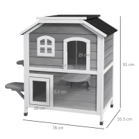 PawHut Casa de pisici din lemn cu 2 etaje rezistentă la iarnă și impermeabilă, cu acoperiș asfaltat, capac cu clapetă, scară, cuib de pisici, adăpost pentru exterior interior, grădină, balcon 78 x 55,5 x 91 cm Gri(m-3)