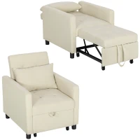 HOMCOM Sofá Cama Individual Poltrona com 4 Rodas Encosto Reclinável Almofada Extra e Assento Acolchoado 69x82,5x84 cm Bege(m-6)