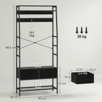 HOMCOM Suport pentru haine industrial cu 2 sertare textile, raft, 8 cârlige și cadru din oțel, 80 x 30 x 180,5 cm, negru(m-3)
