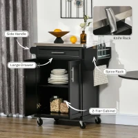HOMCOM Wooden Kitchen Island on Wheels, Serving Cart Storage Trolley with Stainless Steel Top, Drawer, Side Handle and Rack, Black(m-4)