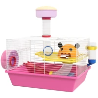 PawHut Cușcă pentru hamster șoarece rozătoare multicoloră cu platformă, biberon apă, roată, casă, 34 x 27 x 25 cm, roz(m-5)
