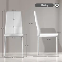 HOMCOM Set de 6 Scaune de Dining Tapizate în PU cu Spătar Înalt cu Butoane și Picioroare de Oțel Design Modern Alb(m-3)