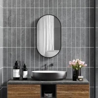 HOMCOM Oglindă ovală murală cu cadru din aluminiu stil minimalist montaj vertical sau orizontal cu 3 cârlige 40 x 70 cm negru(m-2)