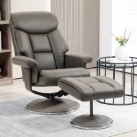 HOMCOM Fotoliu de Relaxare cu Taburet, Spătar Reglabil, Piele ecologică, până la 150 kg, Gri(m-2)