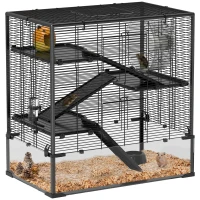PawHut Cușcă pentru Hamster cu Bază din Sticlă, Cu 4 Etaje și Accesorii, 78,5L x 48,5B x 80H cm, Negru(m-1)