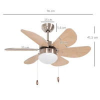 HOMCOM Ventilator de tavan cu lumină, comutator de lanț, 3 viteze, 76 cm x 76 cm x 41,5 cm, Alb(m-3)
